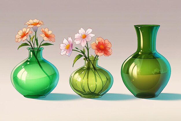 Photo three vases with flowers and a green glass vase with a green flower in the middle