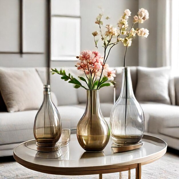 three vases with flowers on a table and a couch in the background