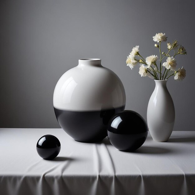 Photo three vases with flowers on a table and one has a white vase with flowers in it