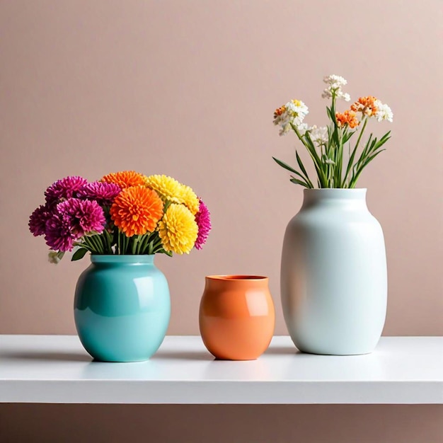 Photo three vases with flowers on a table one of which has the word  flowers  on it