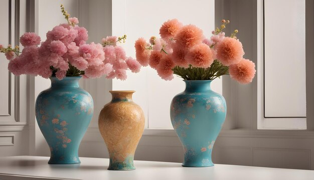 Photo three vases with flowers in them one of which is pink and blue