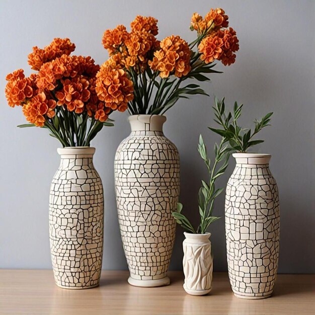 Photo three vases with orange flowers and green leaves on a table