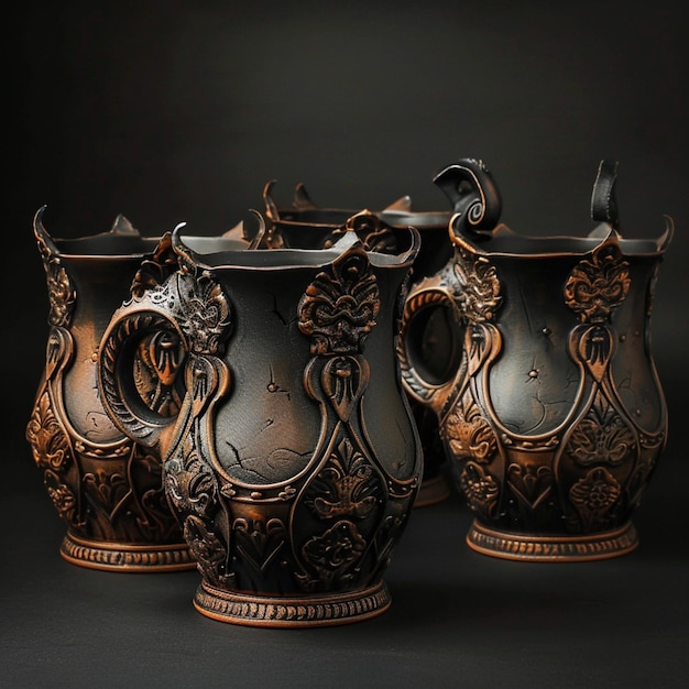 three vases with ornate designs are sitting on a black surface generative ai