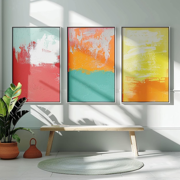 Photo three vertical mockup posters on white wall