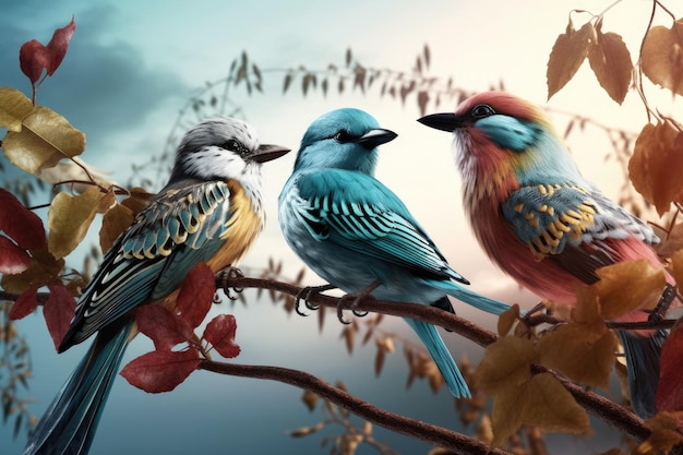 Three vibrant birds sitting on a branch Generative AI