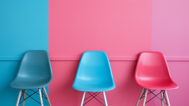 Three vibrant chairs against pastel walls representing hiring process