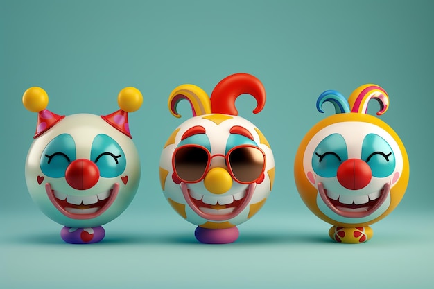 Three vibrant clown character heads with colorful designs smiling faces and playful expressions