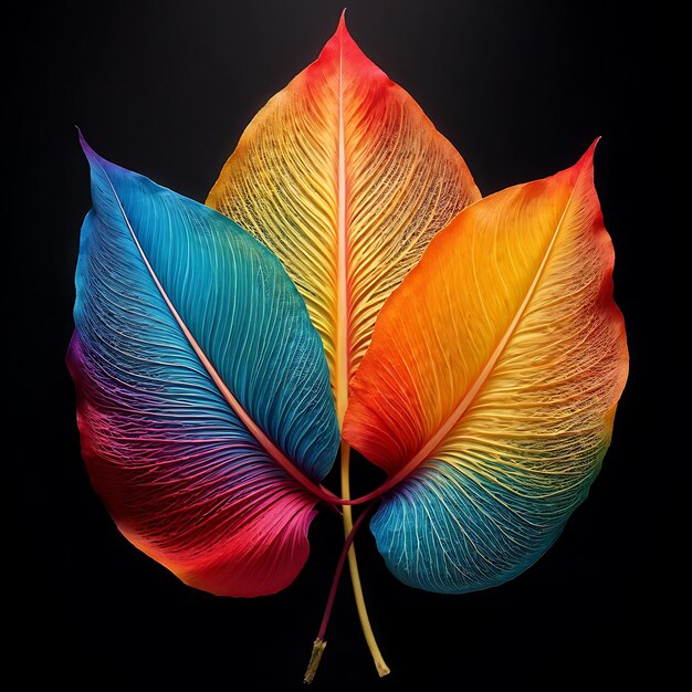 Photo three vibrant leaves in a rainbow spectrum