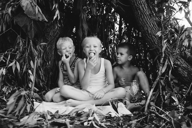 Three village children are playing in a hut which they themselves have built from leaves and twigs Wooden house in the forest Black and white photography