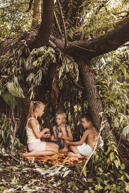 Three village children are playing in a hut which they themselves have built from leaves and twigs