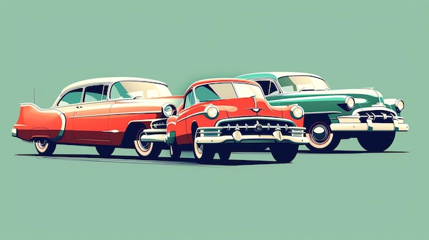 Three vintage cars lined up on a green background