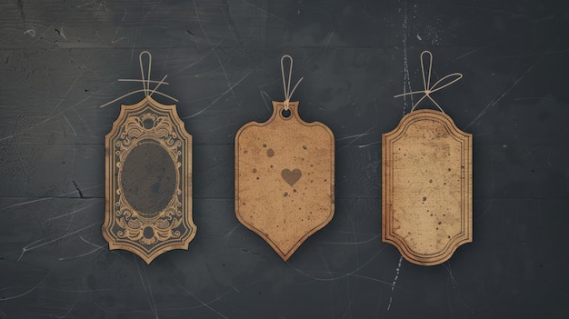 Photo three vintage hanging tags with ornate design and distressed texture