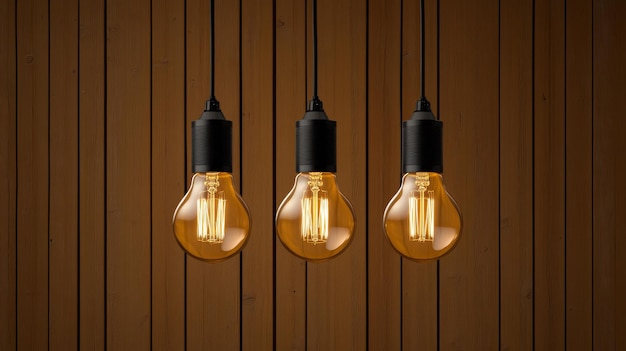 Three vintage light bulbs hang in front of a wood wall creating a warm and inviting atmosphere