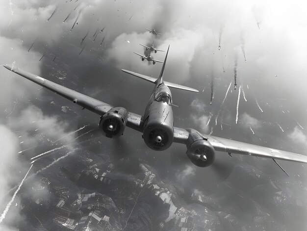 Photo three vintage military aircraft flying above a battlefield with bombs falling from the sky