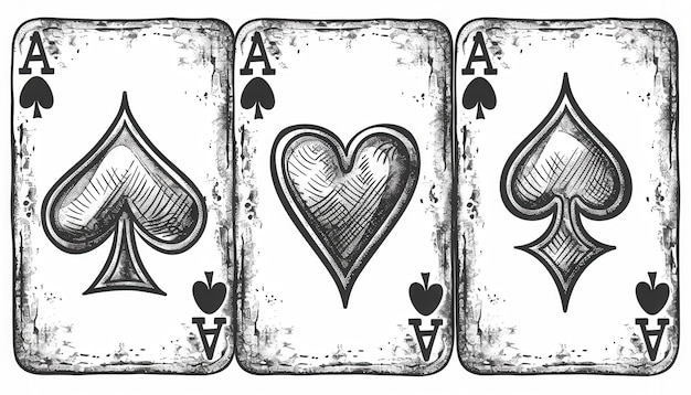 Three vintage playing cards featuring aces of spades and hearts on a wooden table