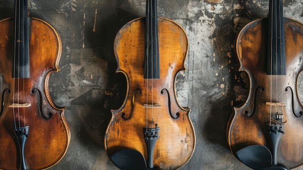 Three Vintage Violins Hanging On A Weathered Wall