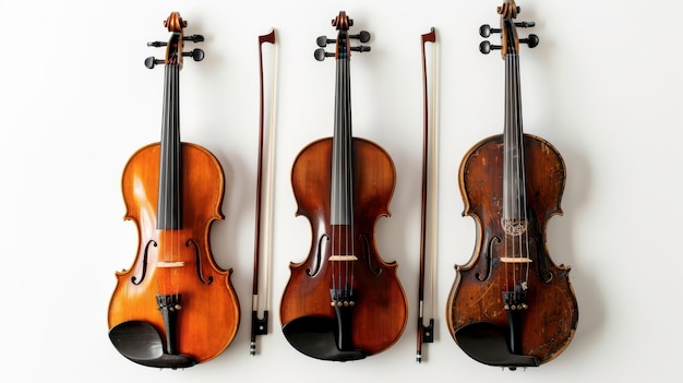 Three Violins Hanging on a White Wall