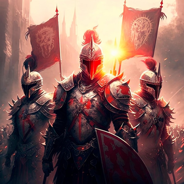 Three warriors in shining armor against the backdrop of the sun Metal armour red standard