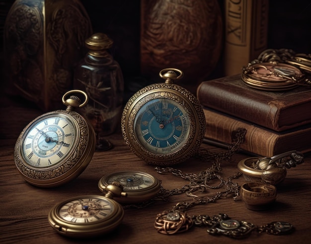 Three watches on a table with a book and a book on the table.