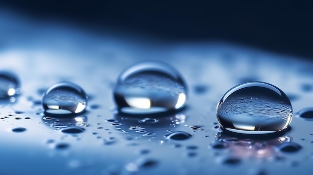 Three water droplets on a blue surface with the light shining on them.