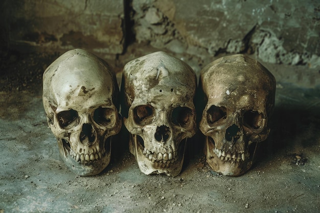 Photo three weathered human skulls lie side by side on a dusty surface evoking a sense of ancient mystery and eerie silence