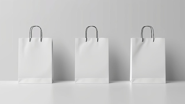 Three white bags are lined up on a white background