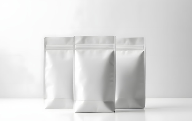 Three white bags of three different sizes, one of which is labeled as'the word'on the front.