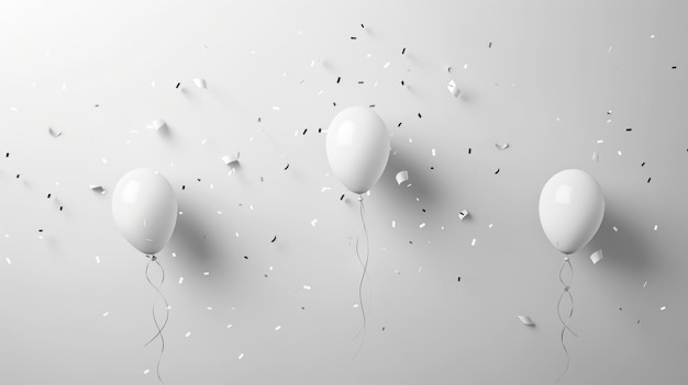 Photo three white balloons with confetti on a white background