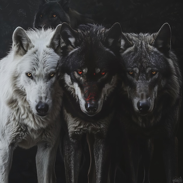 Photo three white and black wolfs standing next to each other