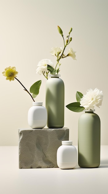 three white bottles of food and flowers made of rocks