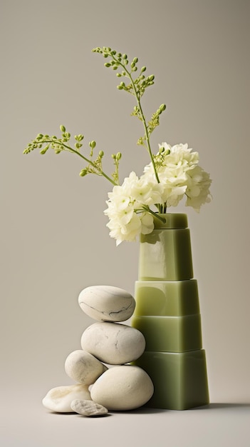 three white bottles of food and flowers made of rocks