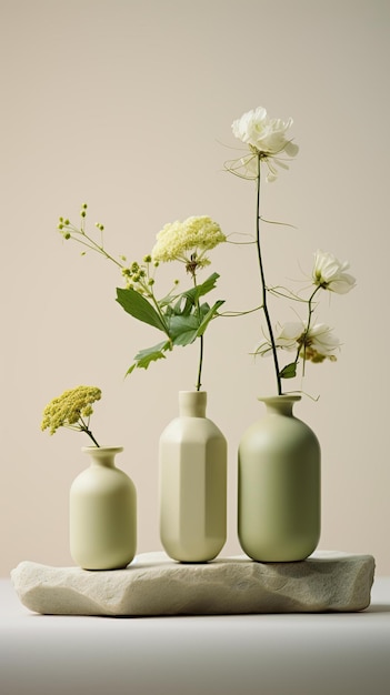 three white bottles of food and flowers made of rocks