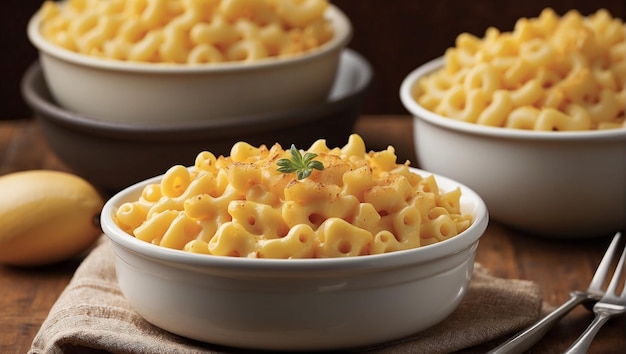 three white bowls of mac and cheese