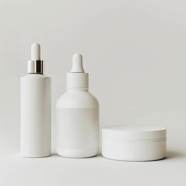 Photo three white cosmetic bottles with dropper caps and a jar on a white background