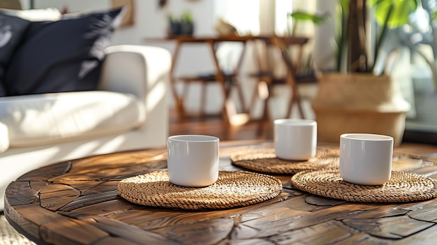 Three white cups sit on woven placemats on a rustic wooden table in a cozy living room