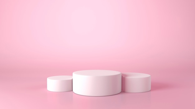 three white cylinder showcase podium in pink background.