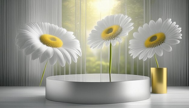 Photo three white daisies in a white vase are shown in a photo