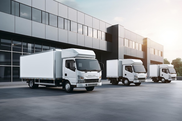 Three White Delivery Trucks vans fleet of cargo trucks courier service Warehouse Building