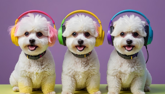 Three White Dogs Wearing Colorful Headphones