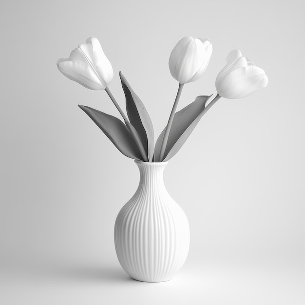 Photo three white flowers in a white vase with one that says tulips