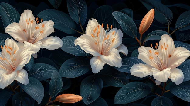 Three White Flowers With Green Leaves on a Black Background