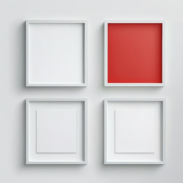 Three white frames with one red square and one red square.