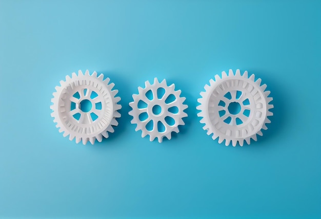 Three white gears or cogwheels on blue background with copy space modern minimal management team process or industry concept templateGenerative AI