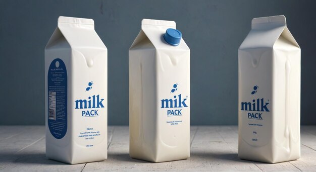 Photo three white milk cartons with blue lid that says milk