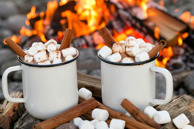 three white mugs with marshmallows in them by a fire place