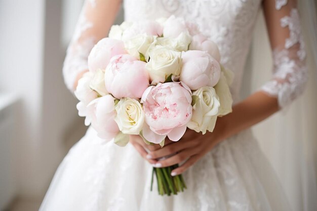 Three white peony flowers with green leaves on a pink background