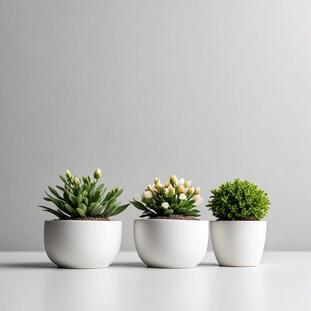 Photo three white pots with plants and flowers on a table