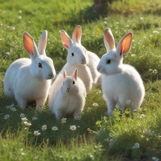 three white rabbit rabbits are in a field of grass and flowers