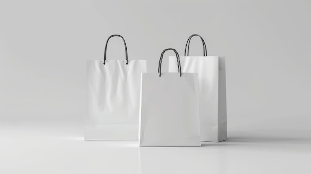 Three white shopping bags are displayed on a white background