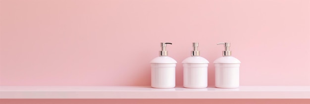 Three white soap dispensers on shelf pink wall